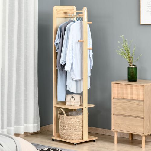 Miroir Sur Pied Avec Roulettes - Portant, 4 Patères Étagère - Aspect Bois