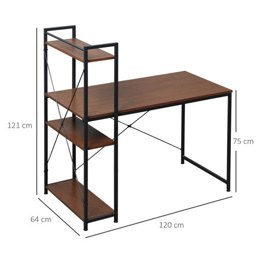 Bureau Informatique Design Industriel Avec Bibliothèque 3 Étagères Aspect Noyer Métal Noir