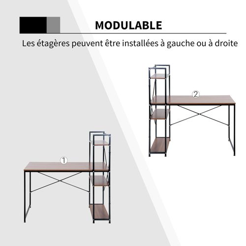 Bureau Informatique Design Industriel Avec Bibliothèque 3 Étagères Aspect Noyer Métal Noir