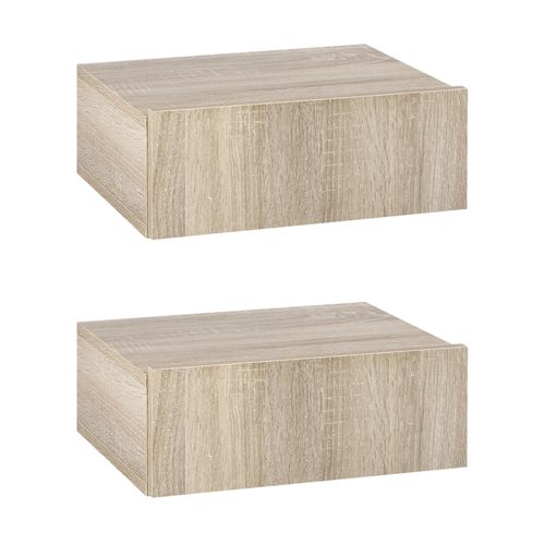 Lot De 2 Chevets Muraux - Tiroir Coulissant, Plateau - Aspect Bois