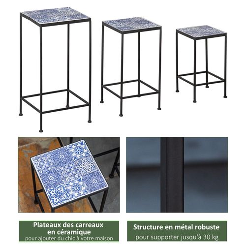 Lot De 3 Étagères à Fleurs Métal Carreaux Céramique Bleu