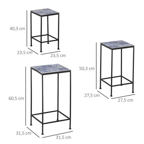 Lot De 3 Étagères à Fleurs Métal Carreaux Céramique Bleu