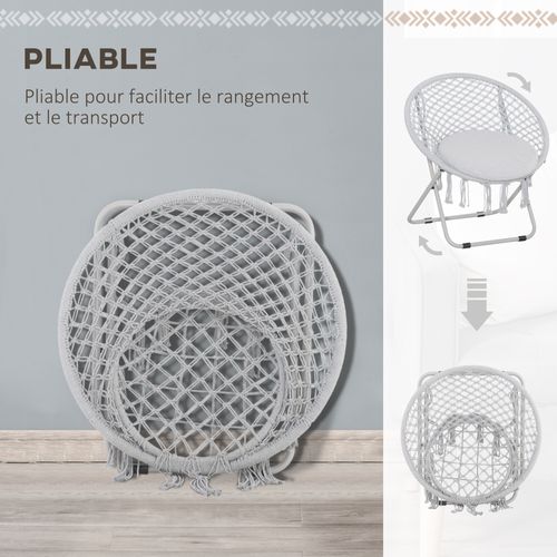 Loveuse Fauteuil Lune Rond De Jardin Pliable Macramé Coton Polyester Gris