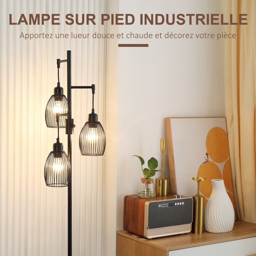 Lampadaire Design Industriel 3 Têtes Métal Filaire Acier -  Noir