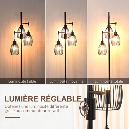 Lampadaire Design Industriel 3 Têtes Métal Filaire Acier -  Noir