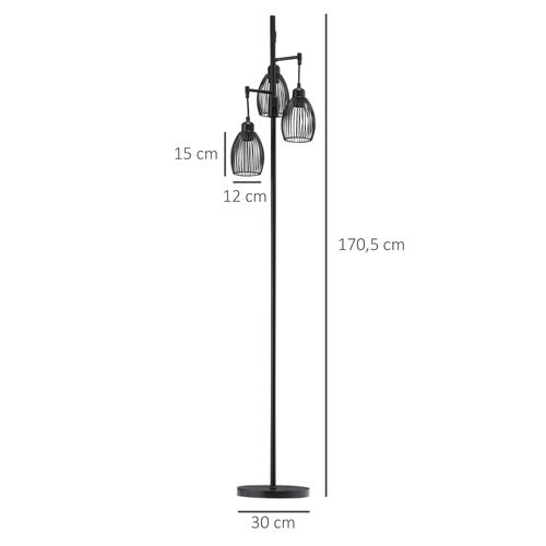 Lampadaire Design Industriel 3 Têtes Métal Filaire Acier -  Noir