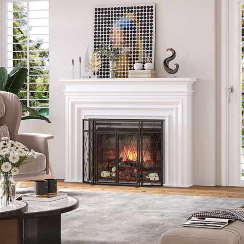 Pare-feu Pare-étincelles Cheminée 3 Volets Pliables Portes Métal Noir