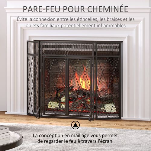Pare-feu Pare-étincelles Cheminée 3 Volets Pliables Portes Métal Noir