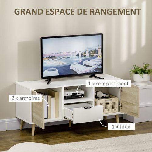 Meuble TV Style Scandinave 2 Portes Tiroir Niche Blanc Chêne Clair