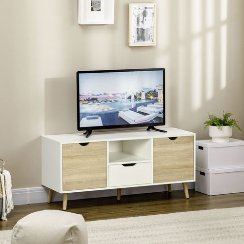Meuble TV Style Scandinave 2 Portes Tiroir Niche Blanc Chêne Clair