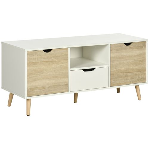 Meuble TV Style Scandinave 2 Portes Tiroir Niche Blanc Chêne Clair