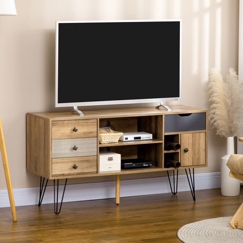 Meuble TV Design Industriel Graphique Métal Noir Aspect Bois
