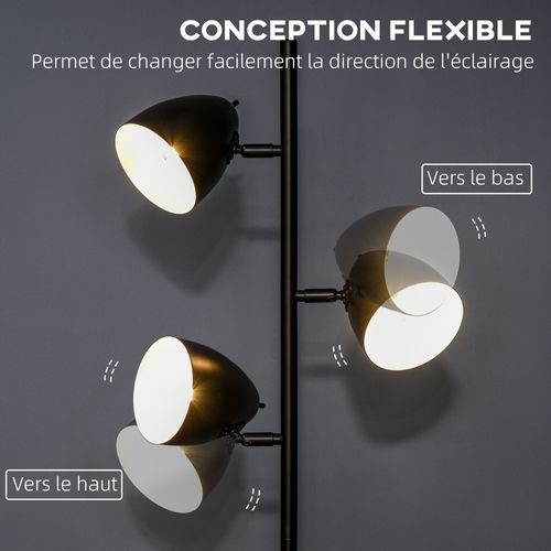 Lampadaire Design Industriel 3 Abats-jours Orientables Acier Noir