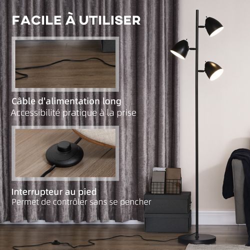 Lampadaire Design Industriel 3 Abats-jours Orientables Acier Noir