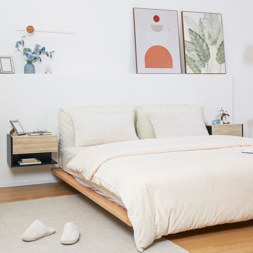 Lot De 2 Tables De Chevet Murales - Tiroir, Étagère - Chêne Clair Noir