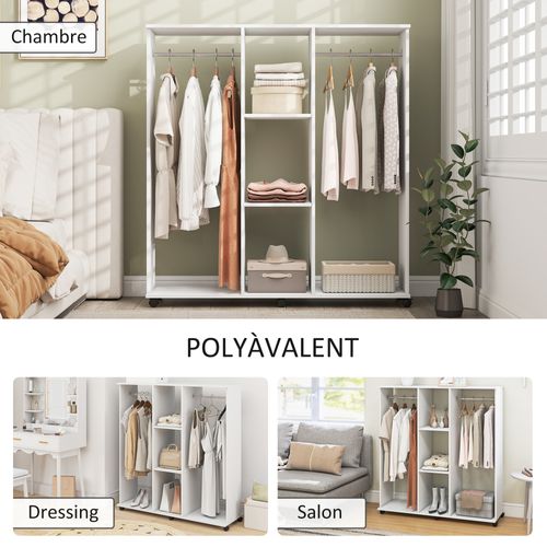 Armoire Penderie Meuble De Rangement Mobile 6 Roulettes 120 X 40 X 128 Cm En Bois Blanc