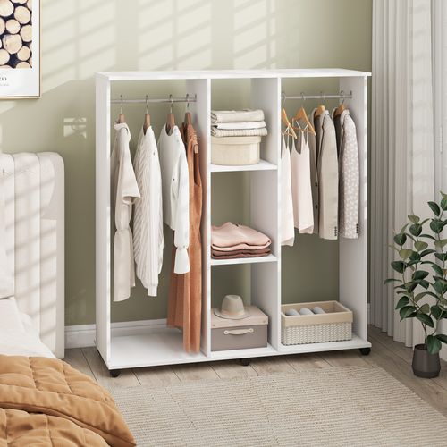 Armoire Penderie Meuble De Rangement Mobile 6 Roulettes 120 X 40 X 128 Cm En Bois Blanc