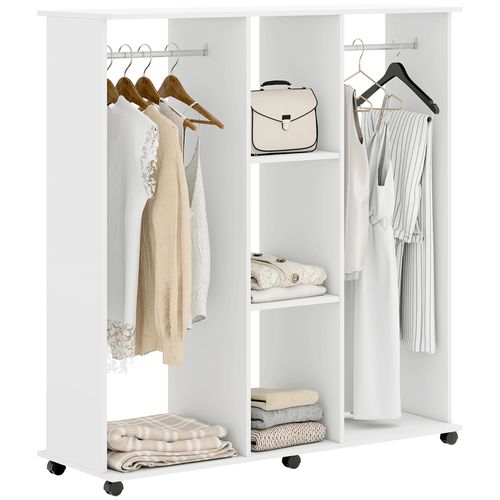 Armoire Penderie Meuble De Rangement Mobile 6 Roulettes 120 X 40 X 128 Cm En Bois Blanc