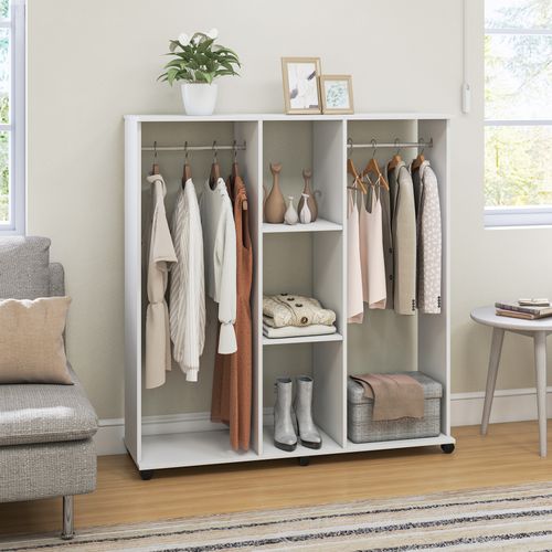 Armoire Penderie Meuble De Rangement Mobile 6 Roulettes 120 X 40 X 128 Cm En Bois Blanc
