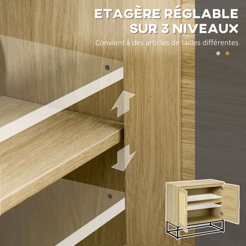Buffet 2 Portes Cannage Rotin Avec Étagère Acier Noir Bois Pin Aspect Chêne Clair