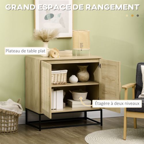 Buffet 2 Portes Cannage Rotin Avec Étagère Acier Noir Bois Pin Aspect Chêne Clair