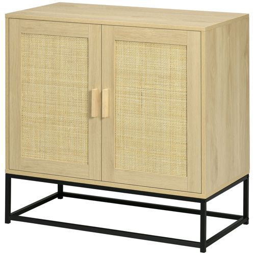 Buffet 2 Portes Cannage Rotin Avec Étagère Acier Noir Bois Pin Aspect Chêne Clair
