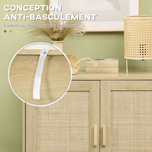 Buffet 2 Portes Cannage Rotin Avec Étagère Acier Noir Bois Pin Aspect Chêne Clair