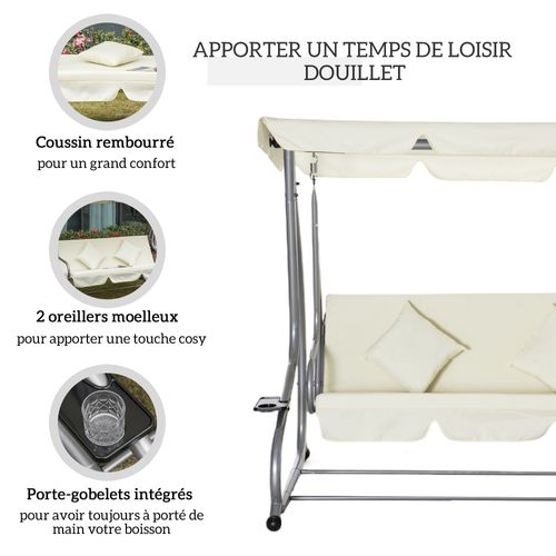 Balancelle De Jardin 3 Places Convertible Gris Crème