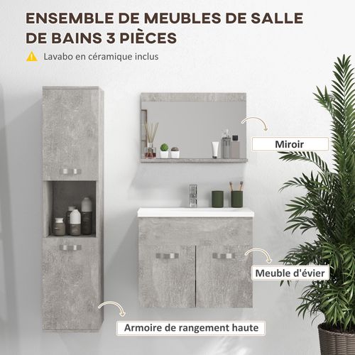 Ensemble 3 Meubles Salle De Bain Avec Vasque Aspect Béton Ciré
