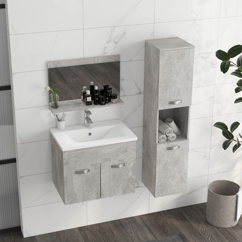 Ensemble 3 Meubles Salle De Bain Avec Vasque Aspect Béton Ciré