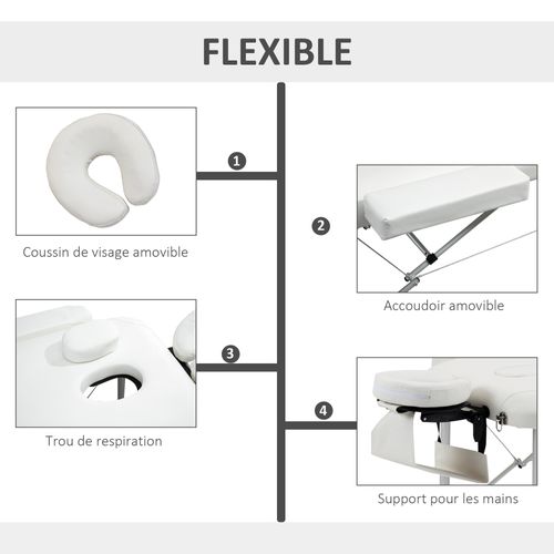 Table De Massage Pliable 3 Zones Réglable Alu. Synthétique Pvc Blanc