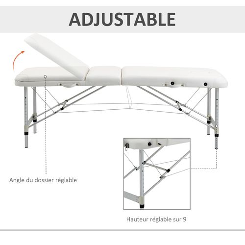 Table De Massage Pliable 3 Zones Réglable Alu. Synthétique Pvc Blanc