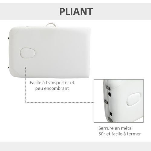 Table De Massage Pliable 3 Zones Réglable Alu. Synthétique Pvc Blanc