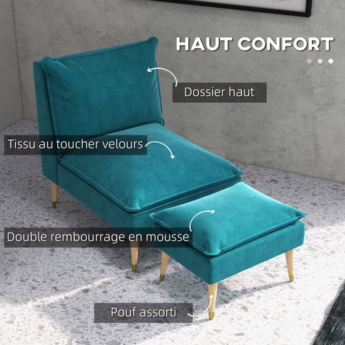 Fauteuil Avec Repose-pied Style Scandinave Velours Turquoise