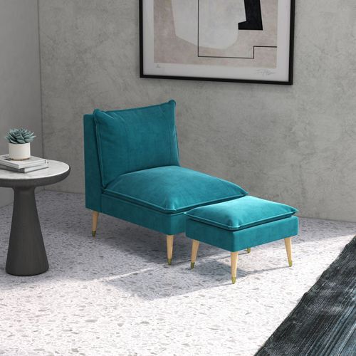 Fauteuil Avec Repose-pied Style Scandinave Velours Turquoise
