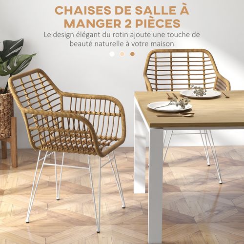 Lot De 2 Chaises De Salon Style Bohème Acier Blanc Résine Tressée Marron