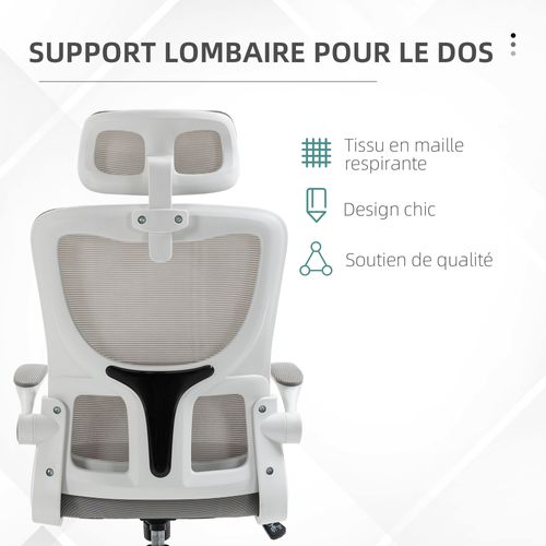 Fauteuil De Bureau Ergonomique Réglable Avec Support Lombaires Et Tétière Blanc Gris
