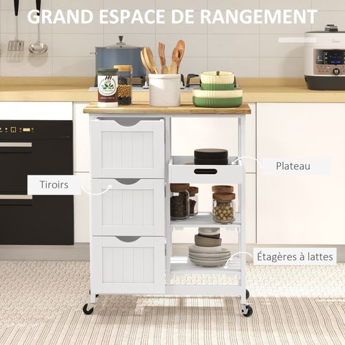 Desserte De Cuisine - 3 Tiroirs, 2 Étagères, Plateau - Bois Mdf