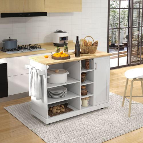 Desserte De Cuisine Îlot Multi-rangement Mdf Blanc Plateau Bois Hévéa Verni