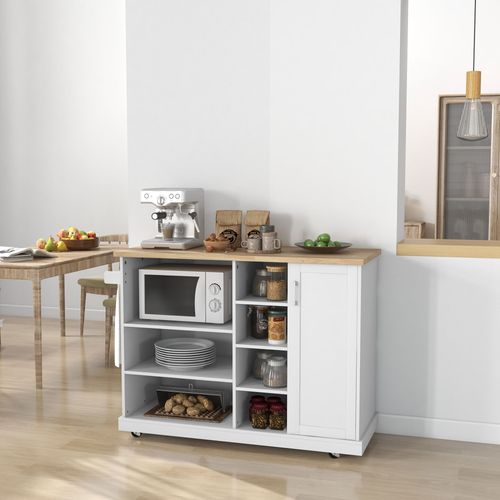 Desserte De Cuisine Îlot Multi-rangement Mdf Blanc Plateau Bois Hévéa Verni