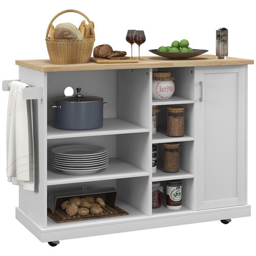 Desserte De Cuisine Îlot Multi-rangement Mdf Blanc Plateau Bois Hévéa Verni