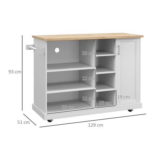 Desserte De Cuisine Îlot Multi-rangement Mdf Blanc Plateau Bois Hévéa Verni