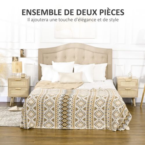 Lot De 2 Tables De Chevet 2 Tiroirs Cannage Rotin Bois Aspect Bois Clair