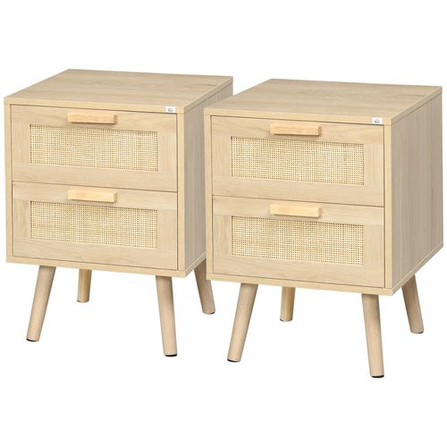 Lot De 2 Tables De Chevet 2 Tiroirs Cannage Rotin Bois Aspect Bois Clair