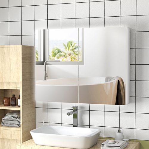 Armoire Miroir LED De Salle De Bain - 2 Portes, 2 Étagères - Blanc Laqué