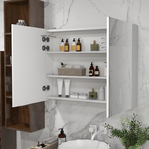 Armoire Miroir LED De Salle De Bain - 2 Portes, 2 Étagères - Blanc Laqué