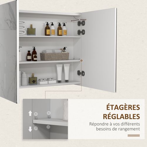Armoire Miroir LED De Salle De Bain - 2 Portes, 2 Étagères - Blanc Laqué