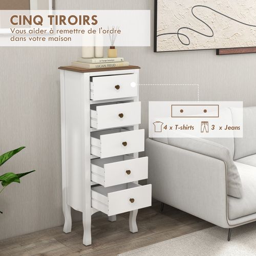 Chiffonnier 5 Tiroirs Design Néo-rétro Mdf Bois Blanc
