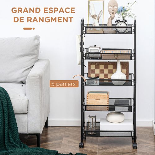 Desserte De Cuisine 5 Paniers Métalliques Amovibles 4 Crochets Acier