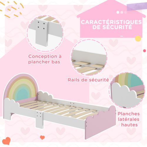 Lit Enfant Design Girly Motifs Arc En Ciel Nuages Avec Sommier à Lattes Rose Blanc